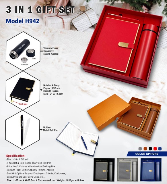 3 in 1 gift set model h942 vaccum flask, notebook diary, golden metal ball pen